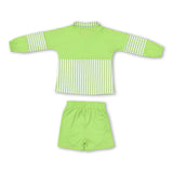 Green stripe patchwork pullover shorts girls active set