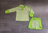 Green stripe patchwork pullover shorts girls active set