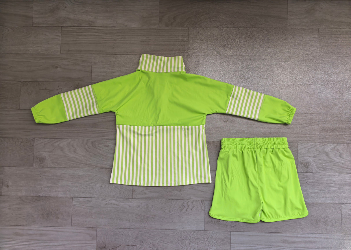Green stripe patchwork pullover shorts girls active set