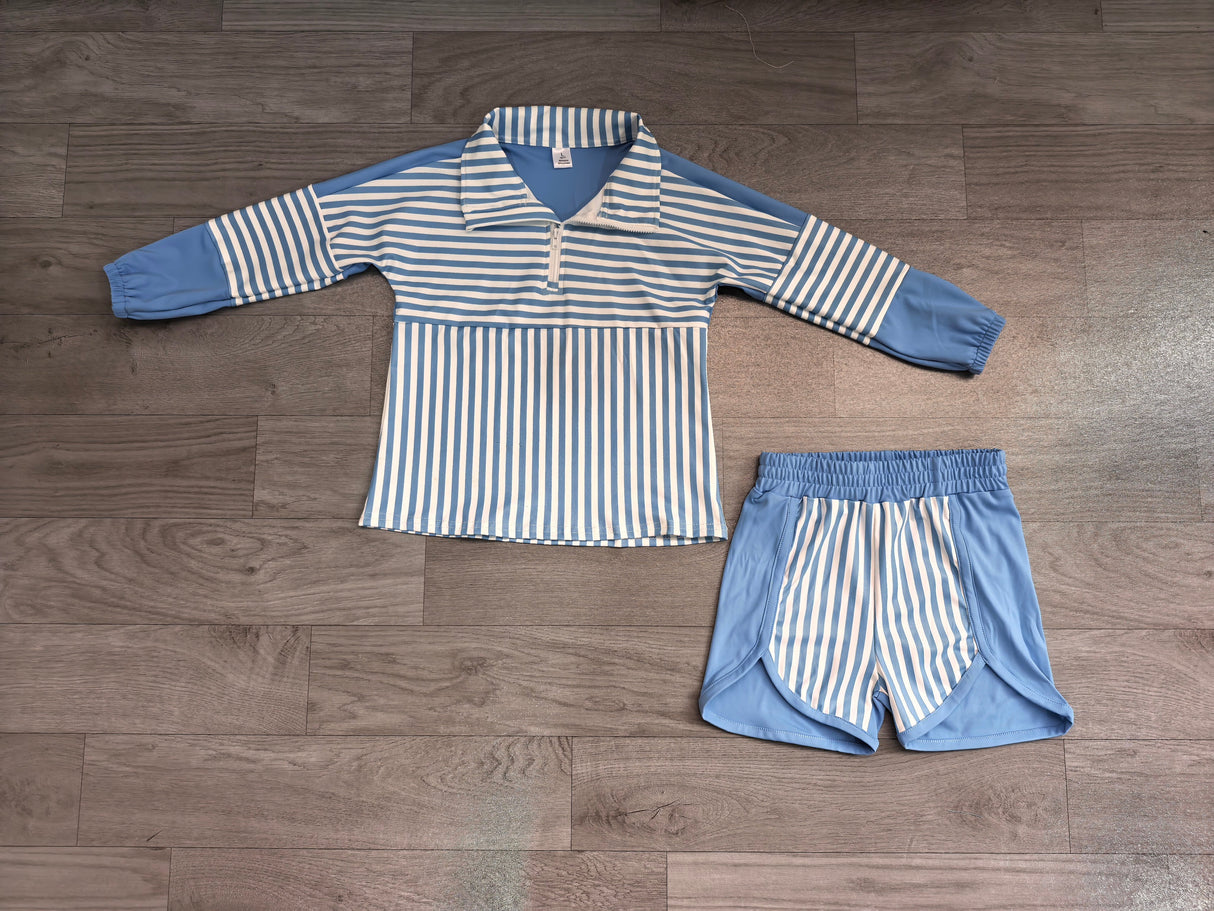 Blue stripe patchwork pullover shorts girls active set