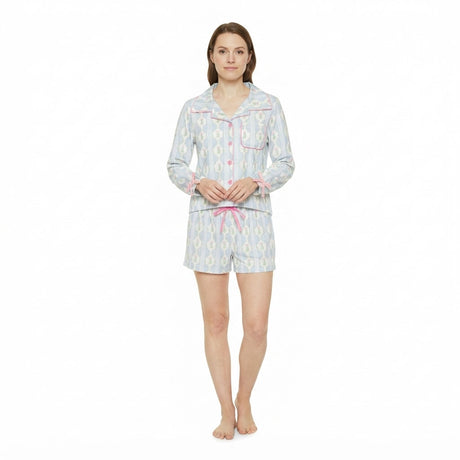 Christmas tree bow button down top shorts women pjs set