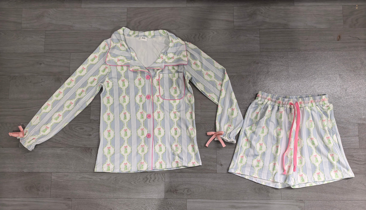 Christmas tree bow button down top shorts women pjs set