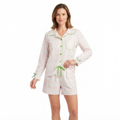 Pink Christmas tree bow button down women pjs set