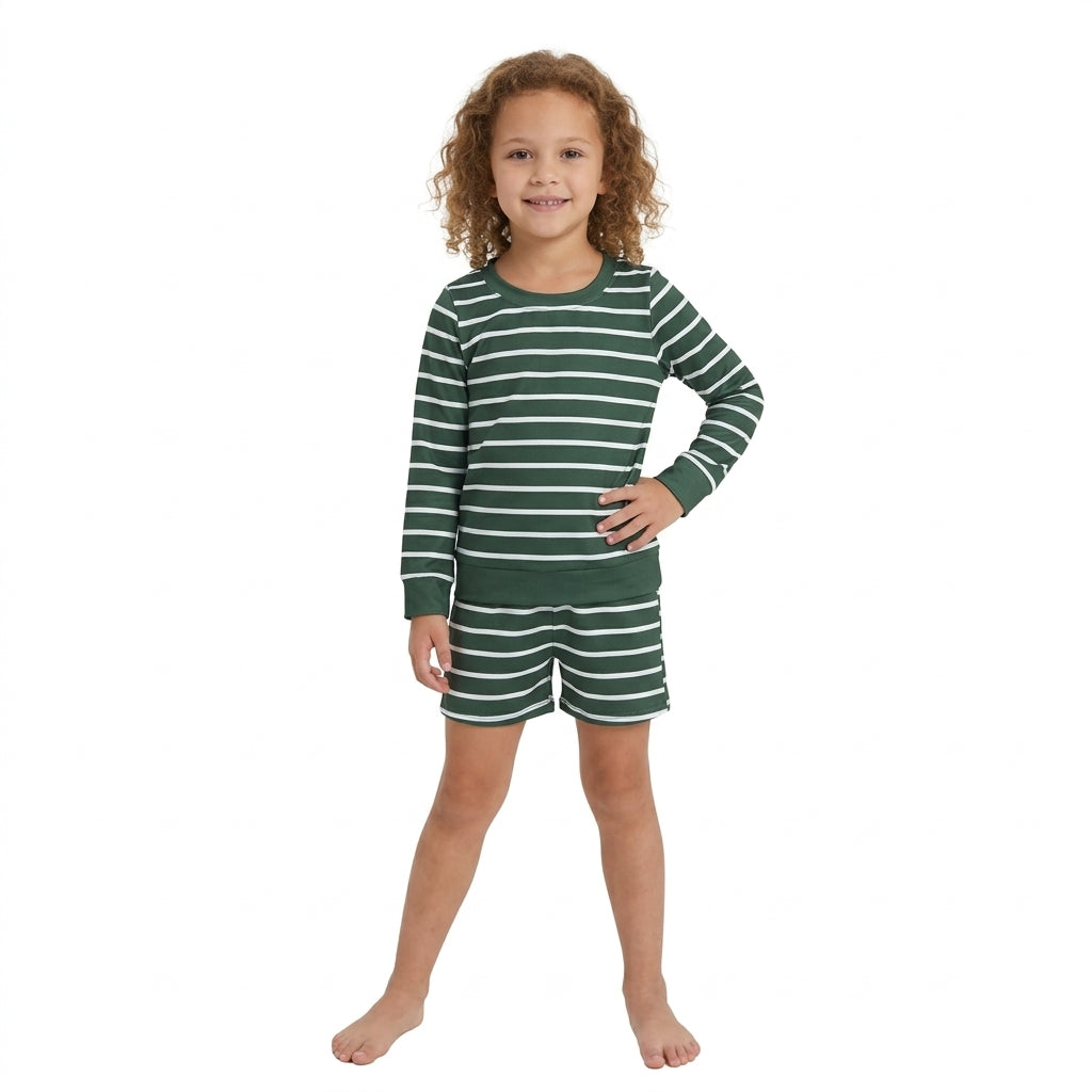 Dark green stripe long sleeves top shorts girls active wear set