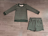 Dark green stripe long sleeves top shorts girls active wear set