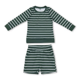 Dark green stripe long sleeves top shorts girls active wear set