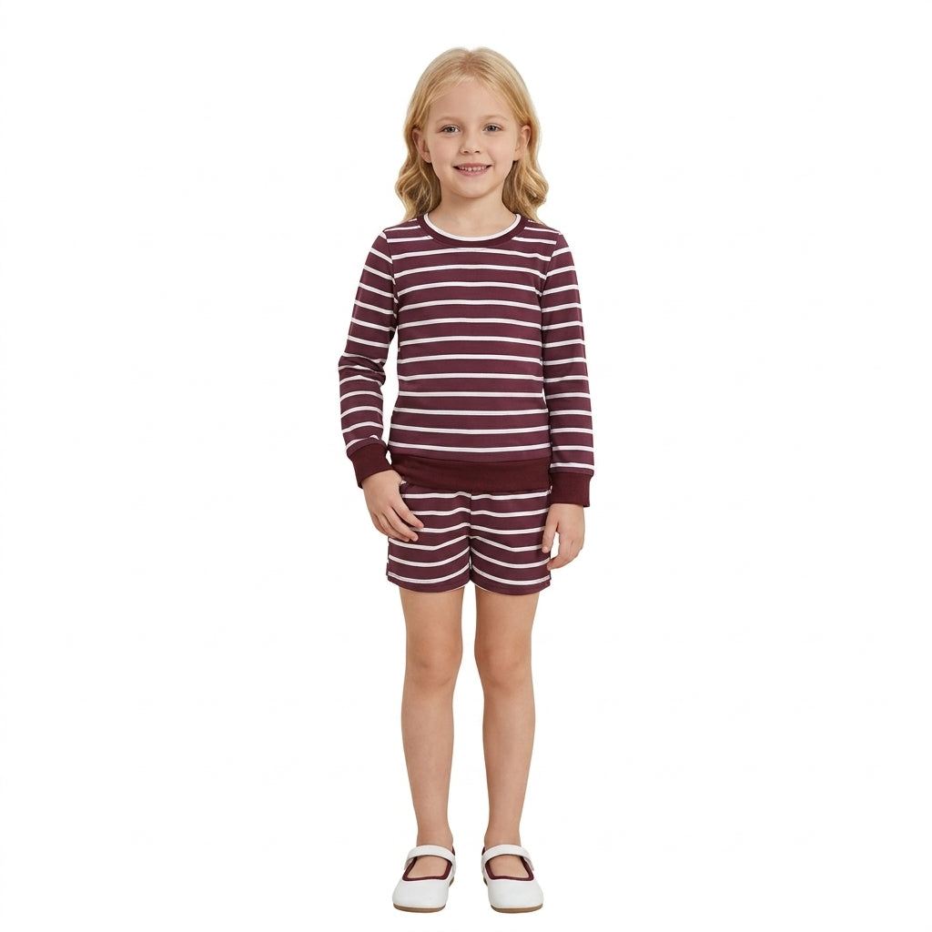Wine red stripe long sleeves top shorts girls active wear set