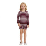 Wine red stripe long sleeves top shorts girls active wear set