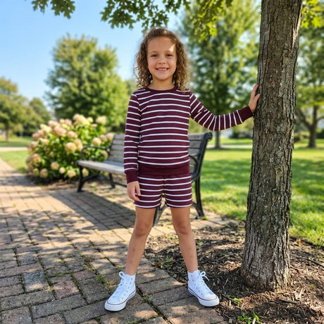 Wine red stripe long sleeves top shorts girls active wear set