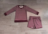 Wine red stripe long sleeves top shorts girls active wear set