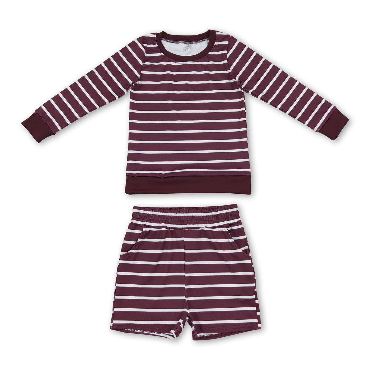 Wine red stripe long sleeves top shorts girls active wear set
