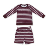 Wine red stripe long sleeves top shorts girls active wear set