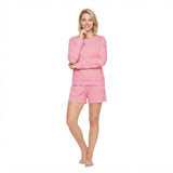 Pink stripe long sleeves top shorts women active wear set