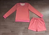 Pink stripe long sleeves top shorts women active wear set