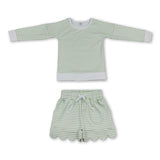Green stripe top scallop shorts girls active wear set