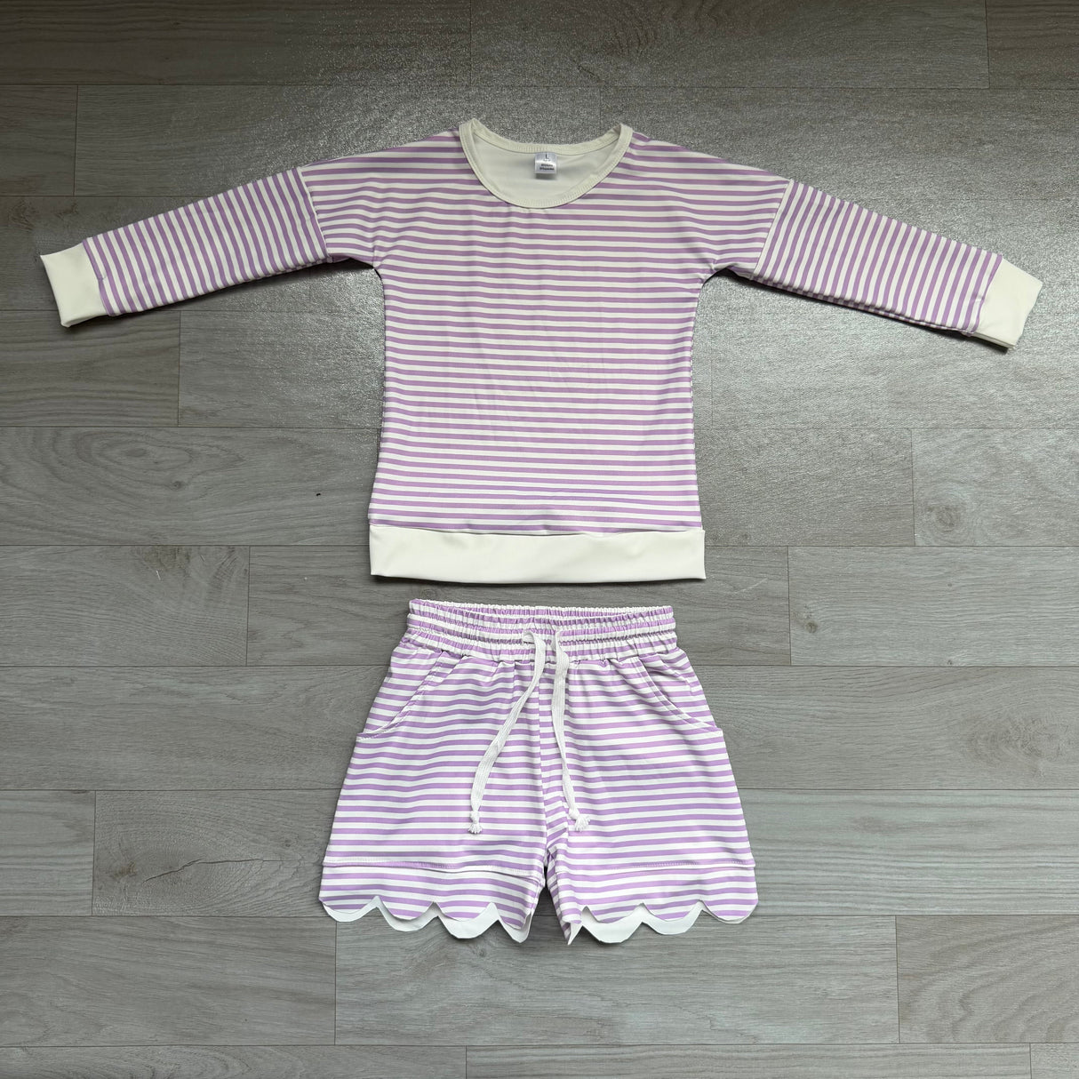 Lavender stripe top scallop shorts girls active wear set