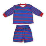 Blue red stripe long sleeves top shorts girls active wear set
