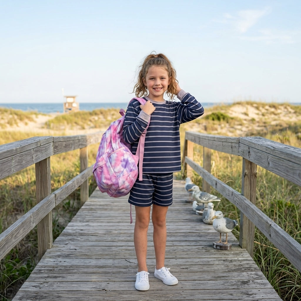 Navy stripe long sleeves top shorts girls active wear set
