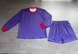 Blue red stripe long sleeves top shorts women active wear set