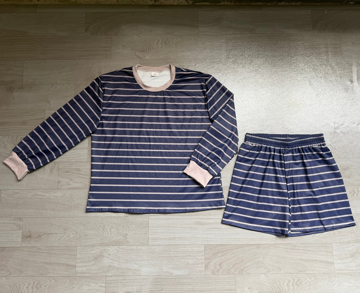 Navy stripe long sleeves top shorts women active wear set