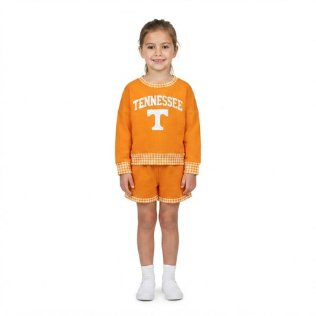 Long sleeves orange T vinyl top shorts girls team outfits
