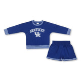 Long sleeves blue U K vinyl top shorts girls team outfits