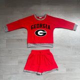 Long sleeves red G vinyl top shorts girls team outfits