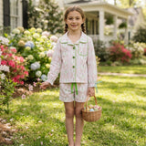 Pink Christmas tree bow button down kids girls pjs set