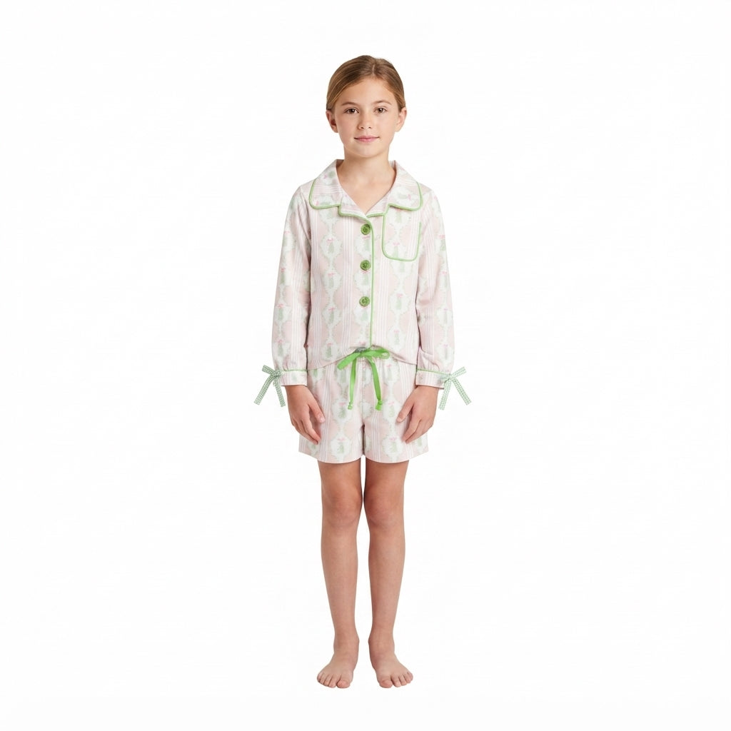 Pink Christmas tree bow button down kids girls pjs set