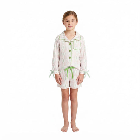 Pink Christmas tree bow button down kids girls pjs set
