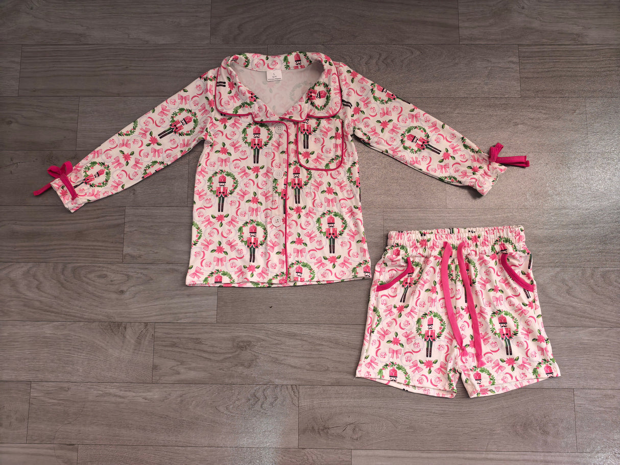 Pink bow ballet top shorts kids girls Christmas pajamas set