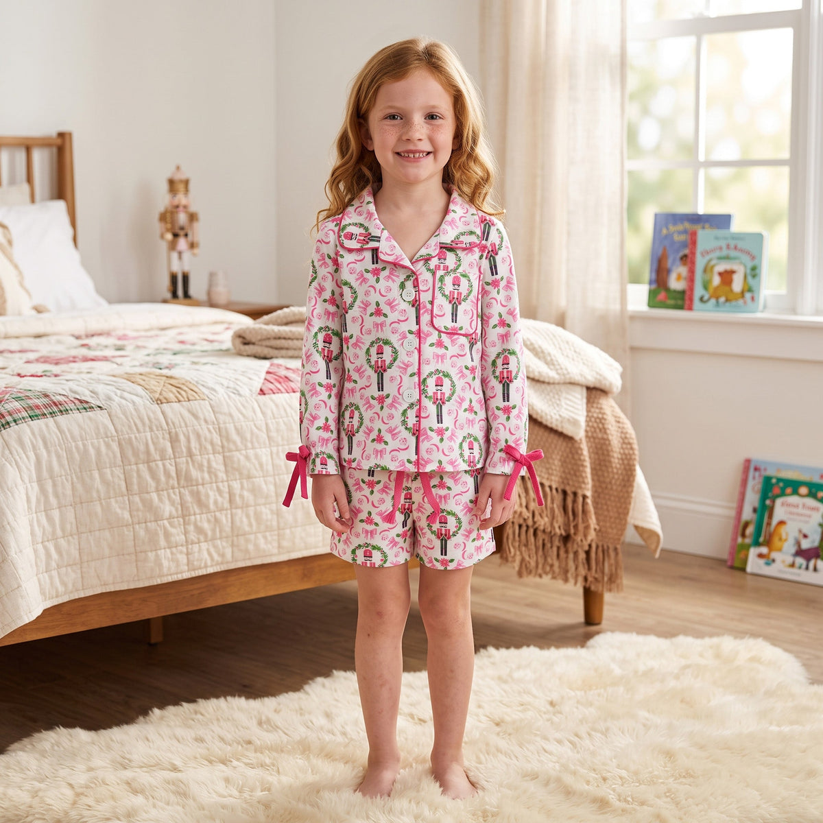 Pink bow ballet top shorts kids girls Christmas pajamas set