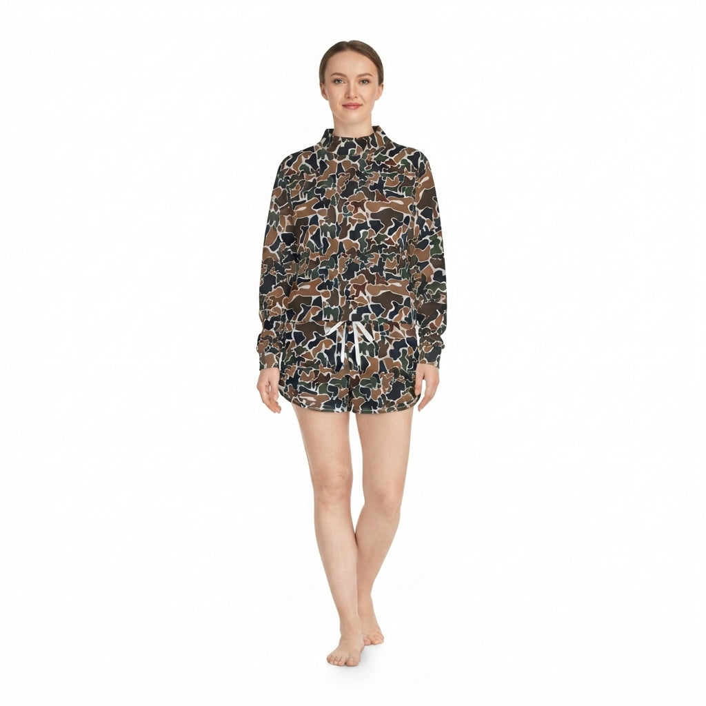 Brown camo long sleeves top shorts women active wear set