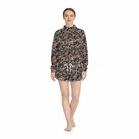 Brown camo long sleeves top shorts women active wear set