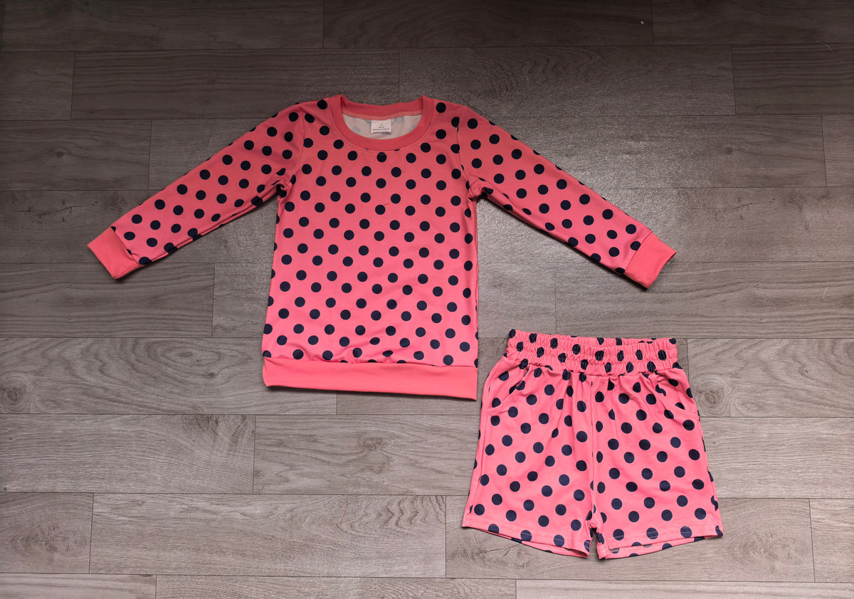 Long sleeves pink navy polka dots top shorts girls outfits