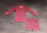 Long sleeves pink navy polka dots top shorts girls outfits