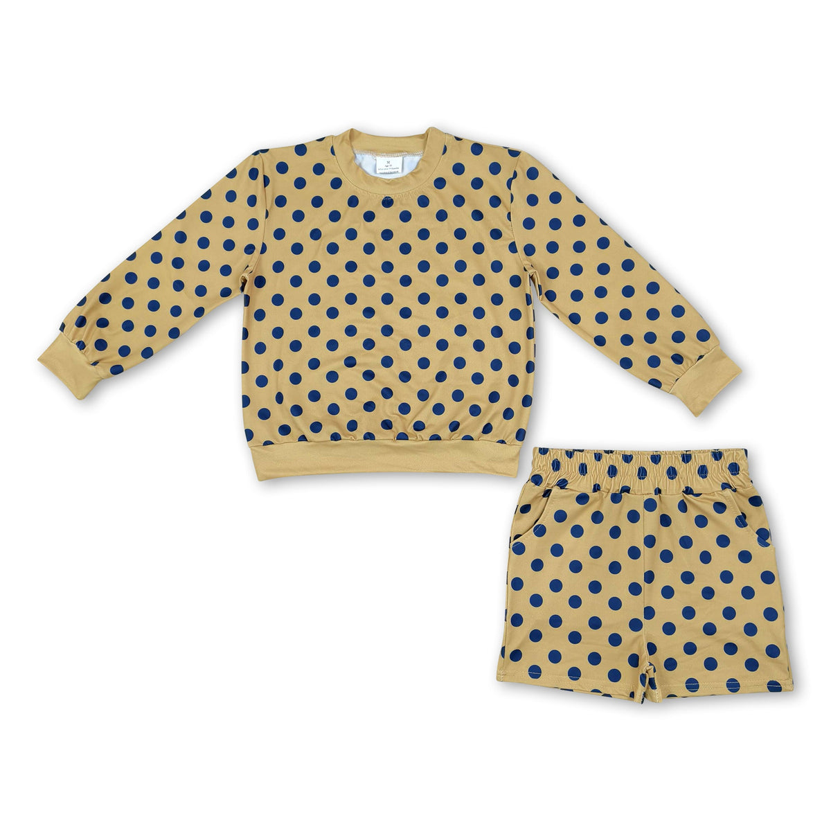 Long sleeves yellow navy polka dots top shorts girls outfits