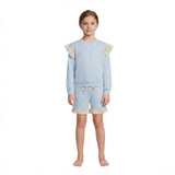 Flutter long sleeves light blue cotton top shorts girls outfits