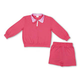 Long sleeves pink plaid pullover shorts girls outfits