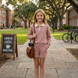 Long sleeves yellow plaid khaki pullover shorts girls outfits