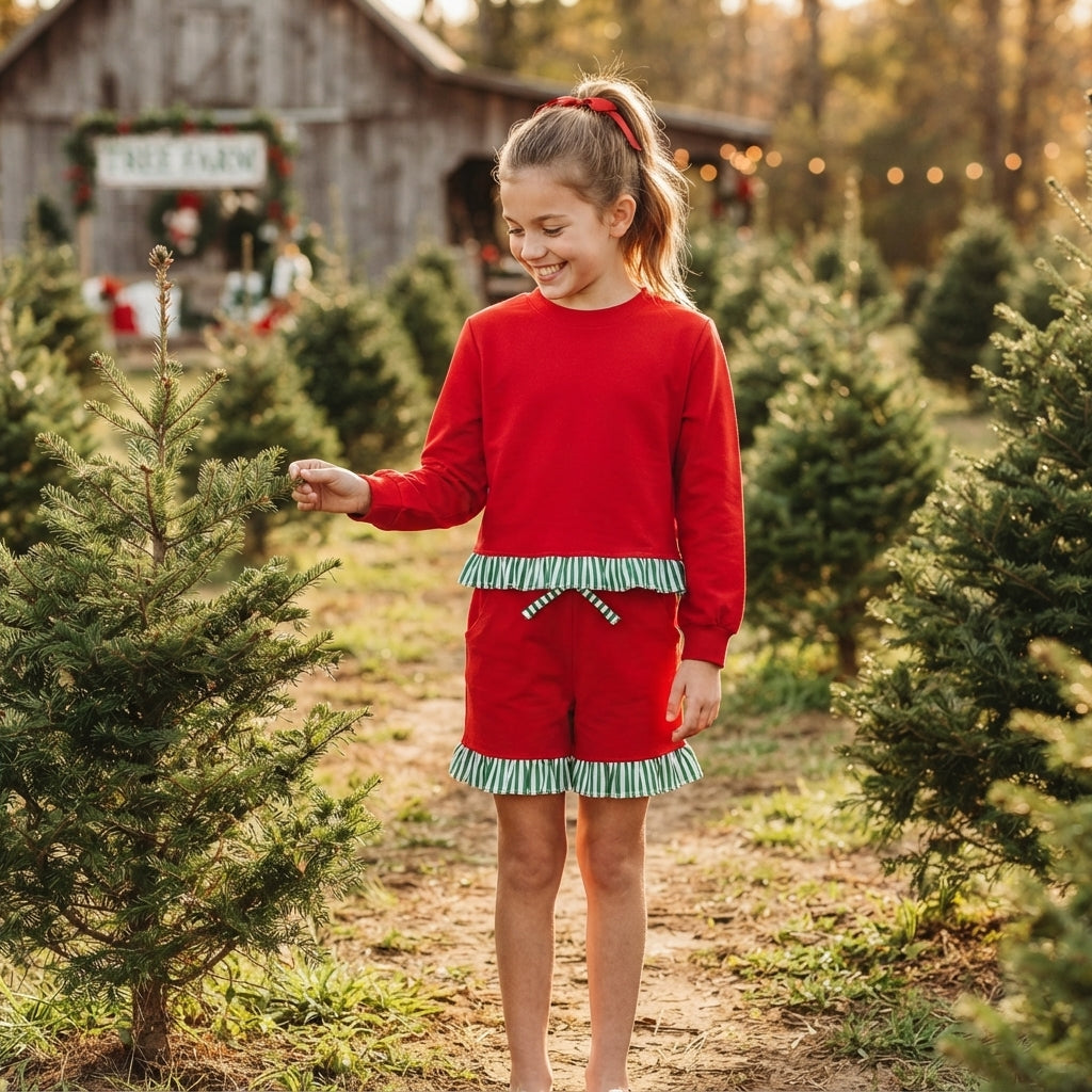 Green stripe cotton top shorts girls Christmas outfits