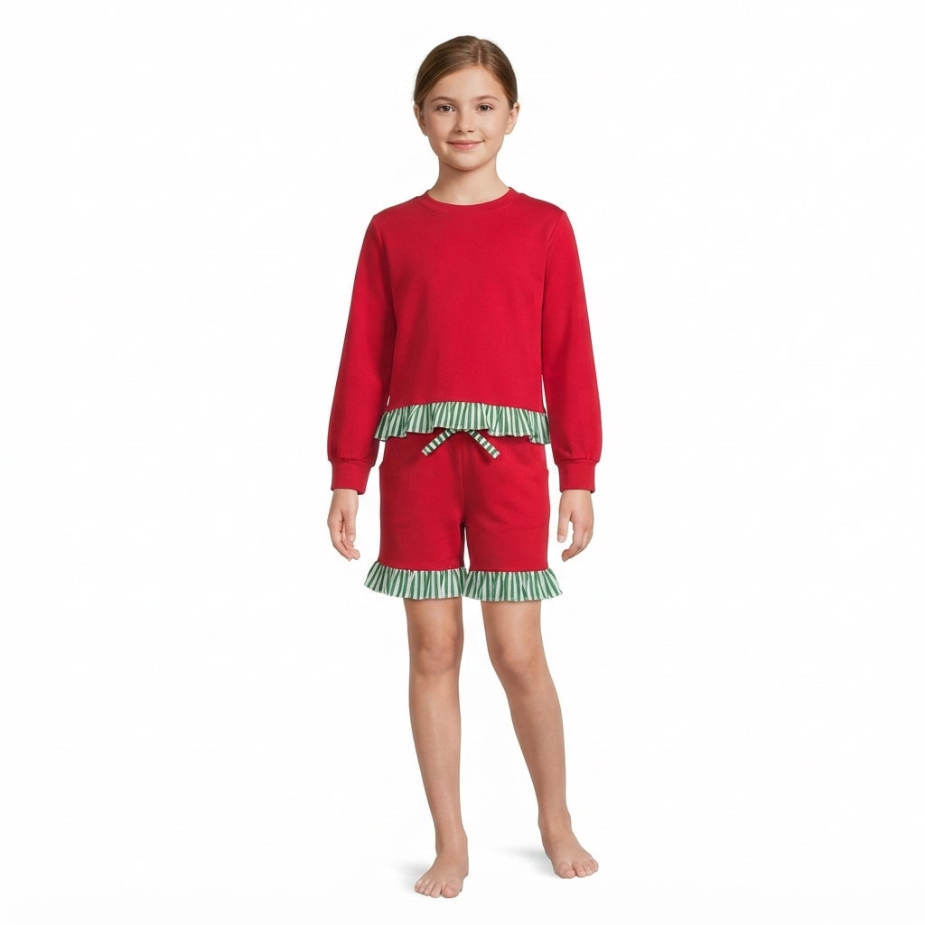 Green stripe cotton top shorts girls Christmas outfits