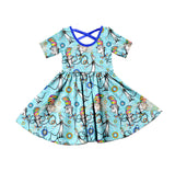 Blue short sleeves cat kids girls dresses