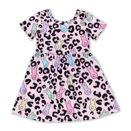 Pink short sleeves leopard bunny baby girls easter dresses