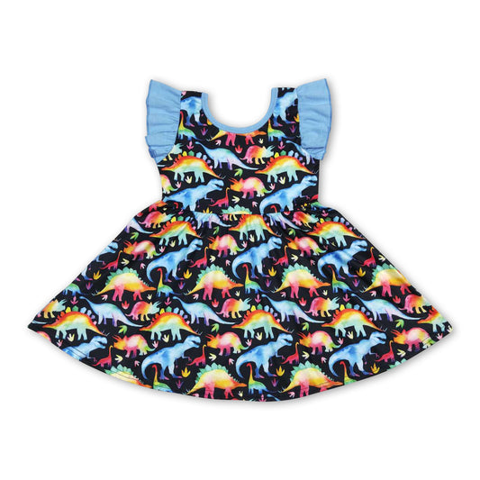 Blue flutter sleeves dinosaur kids girls dresses