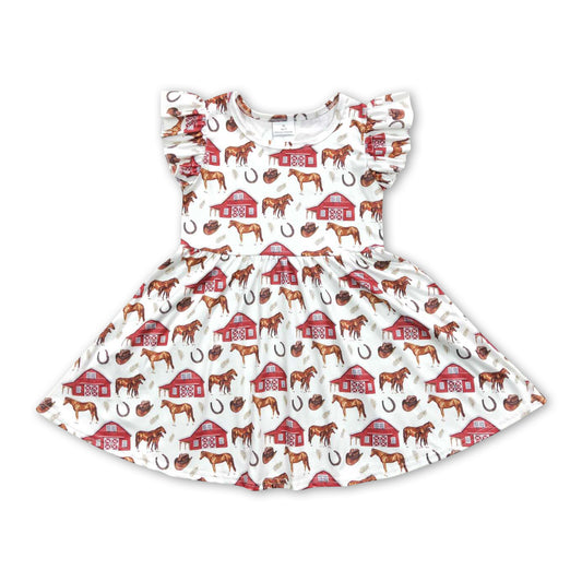 Flutter sleeves farm horse baby girls dresses