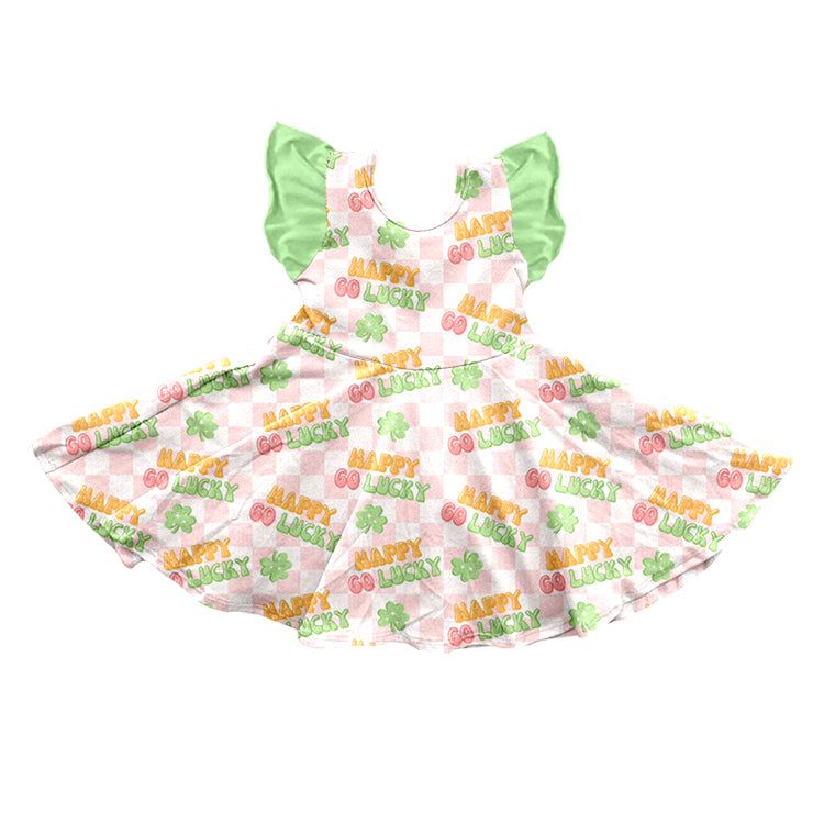 Happy go lucky pink plaid clover girls st patrick's day dress