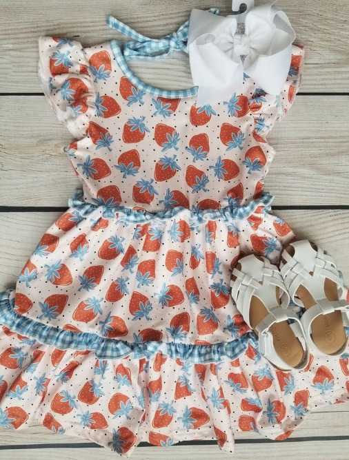 Light blue plaid strawberry baby girls dresses