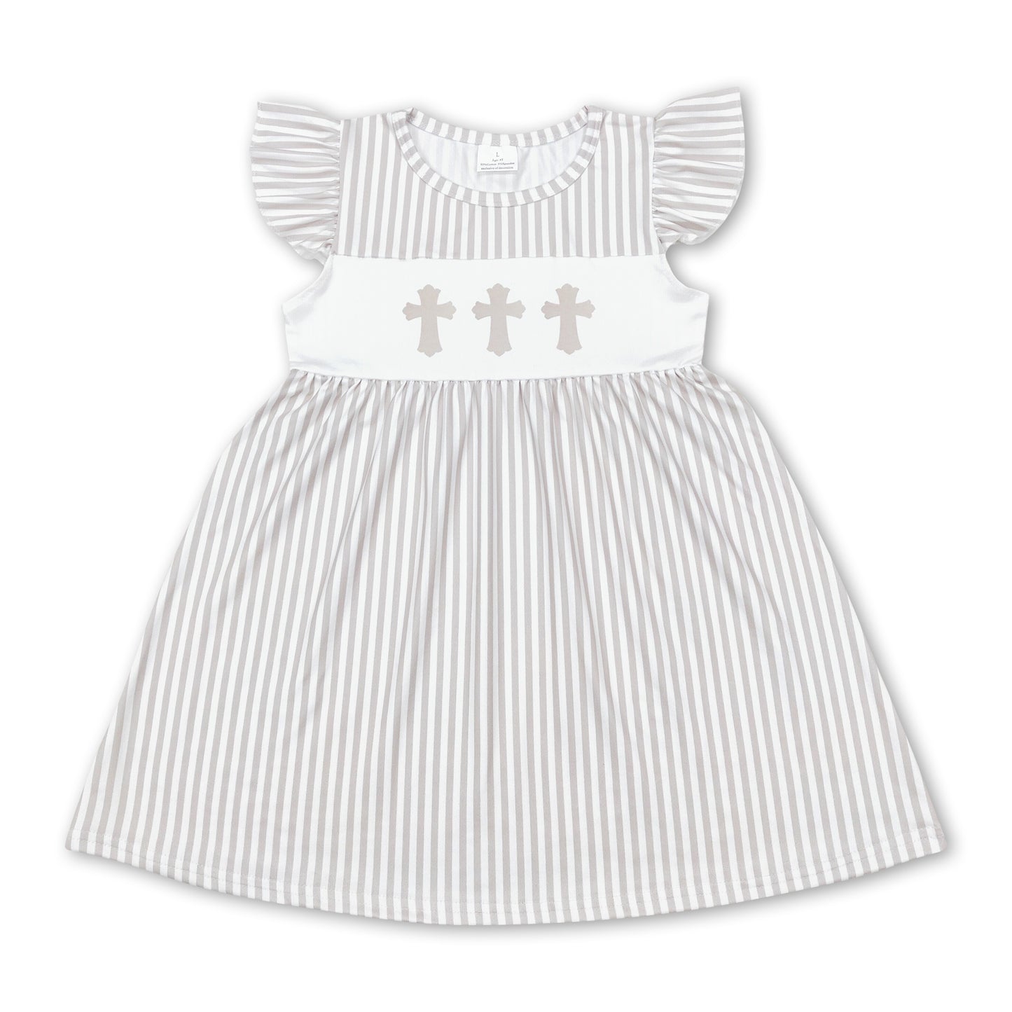 Flutter sleeves khaki stripe cross baby girls easter dress