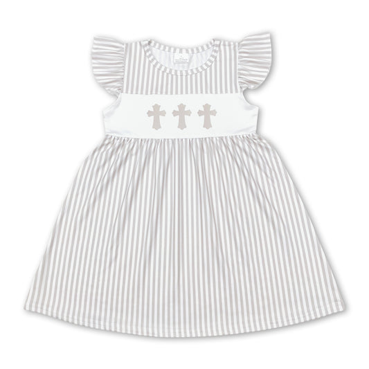 Flutter sleeves khaki stripe cross baby girls easter dress